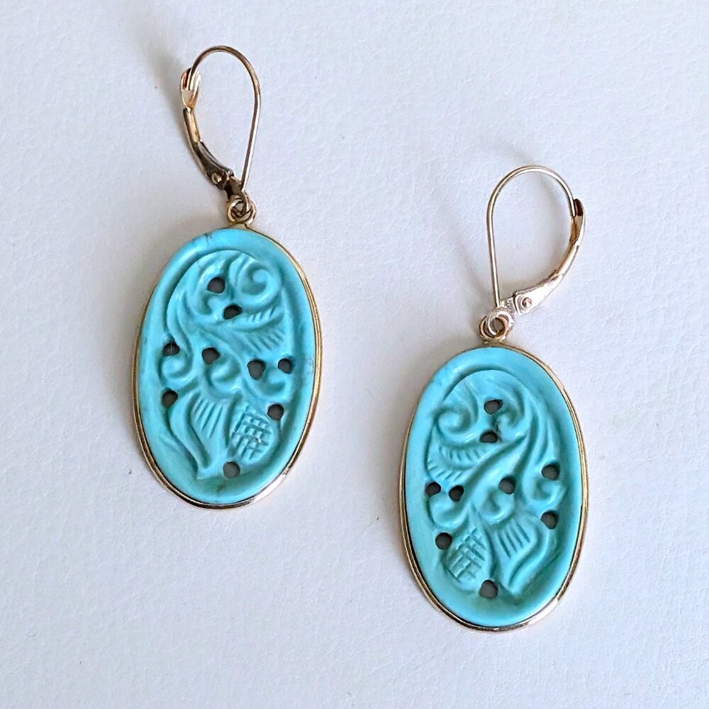 Large Designer 14K Yellow Gold Carved Turquoise Dangle Drop Leverback Earrings